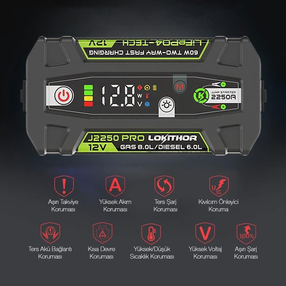 Lokithor J2250PRO 12V 2250Amp LiFePO4 Akıllı Akü Takviye + Powerbank + Led Lamba