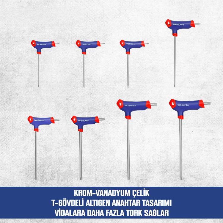 WORKPRO WP200543 8 Parça CR-V T Tipi Uzun Delikli Torx Profesyonel Allen Anahtar Takımı
