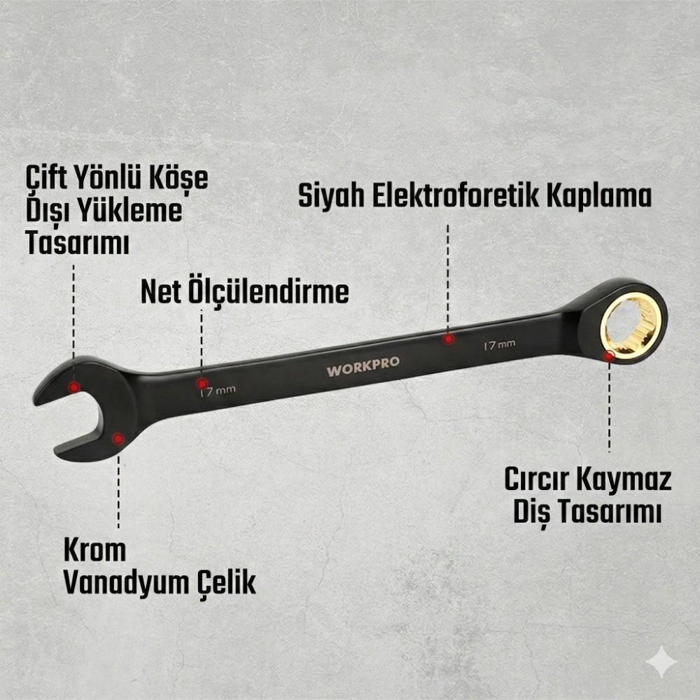 WORKPRO WP202602 8-19mm 9 Parça CR-V Profesyonel Cırcır Kombine Anahtar Takımı + Bez Taşıma Kılıfı