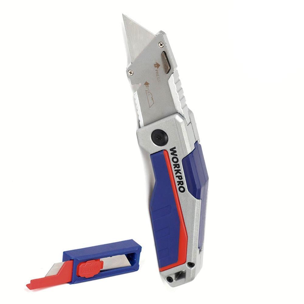 WORKPRO WP211012 Ağır Hizmet Alüminyum Gövde Katlanır Rötuş Maket Bıçağı + 10 Adet Yedek Bıçak