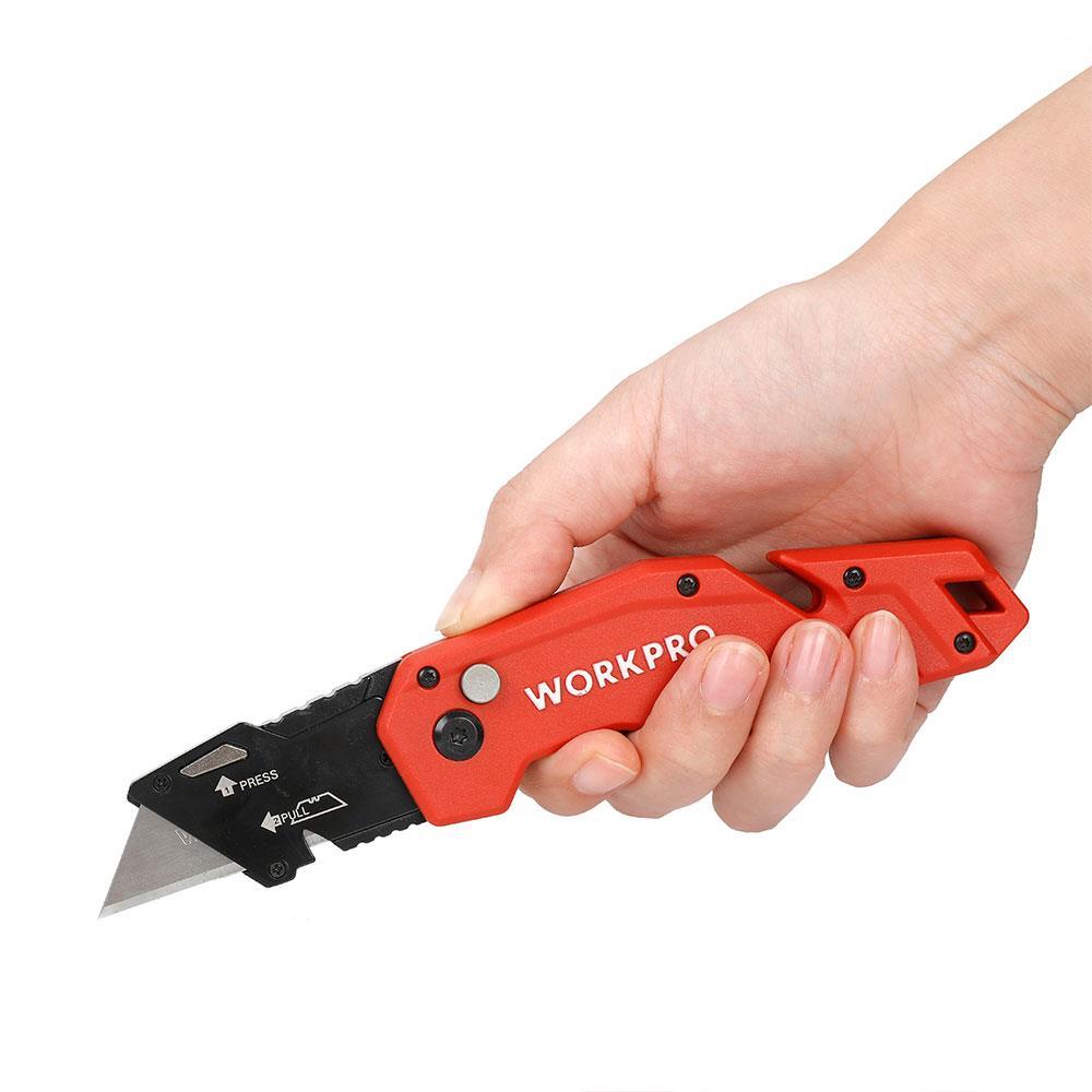 WORKPRO WP211018 Profesyonel Katlanır Çok Amaçlı Rötuş Maket Bıçağı + 10 Adet Yedek Bıçak