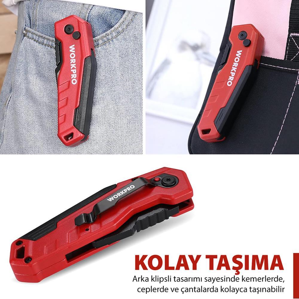 WORKPRO WP211026 Katlanır Çok Amaçlı Profesyonel Rötuş Maket Bıçağı + 14 Adet Yedek Bıçak