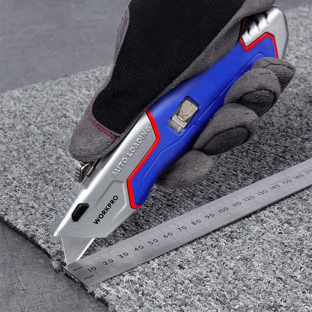 WORKPRO WP213012 Ağır Hizmet Alüminyum Gövde Geri Çekilebilir Rötuş Maket Bıçağı + 4 Adet Yedek Bıçak