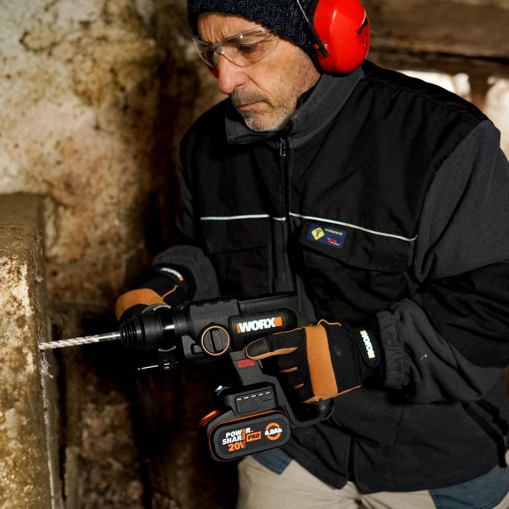 WORX WX381 20Volt 4.0Ah. 2J Li-ion Tek Akülü Şarjlı Profesyonel SDS-Plus Pnömatik Kırıcı/Delici + 3 Parça Delme Ucu 
