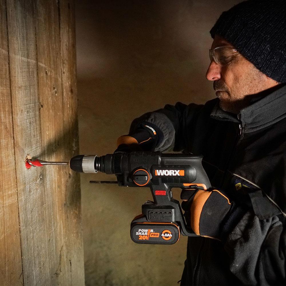 WORX WX381 20Volt 4.0Ah. 2J Li-ion Tek Akülü Şarjlı Profesyonel SDS-Plus Pnömatik Kırıcı/Delici + 3 Parça Delme Ucu 