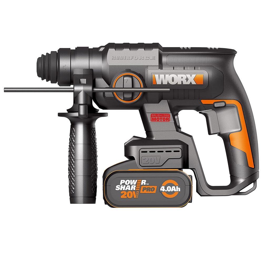 WORX WX381 20Volt 4.0Ah. 2J Li-ion Tek Akülü Şarjlı Profesyonel SDS-Plus Pnömatik Kırıcı/Delici + 3 Parça Delme Ucu 