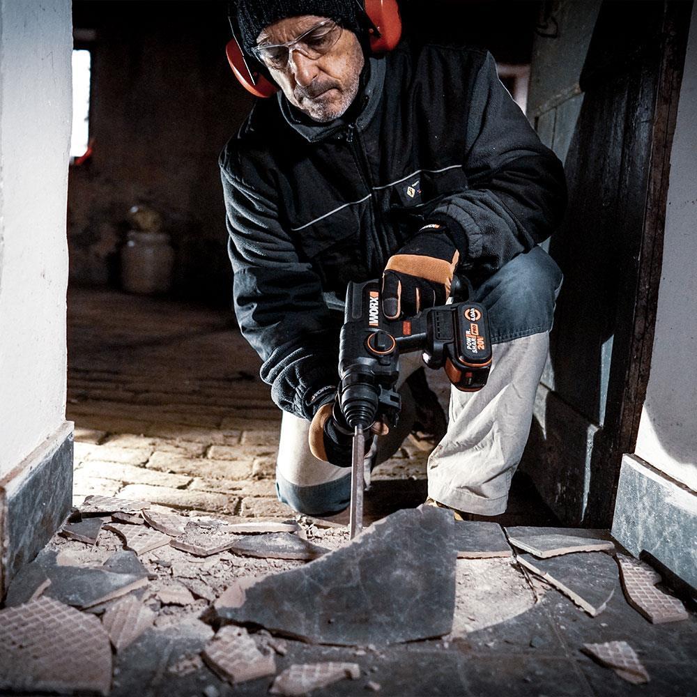 WORX WX381 20Volt 4.0Ah. 2J Li-ion Tek Akülü Şarjlı Profesyonel SDS-Plus Pnömatik Kırıcı/Delici + 3 Parça Delme Ucu 