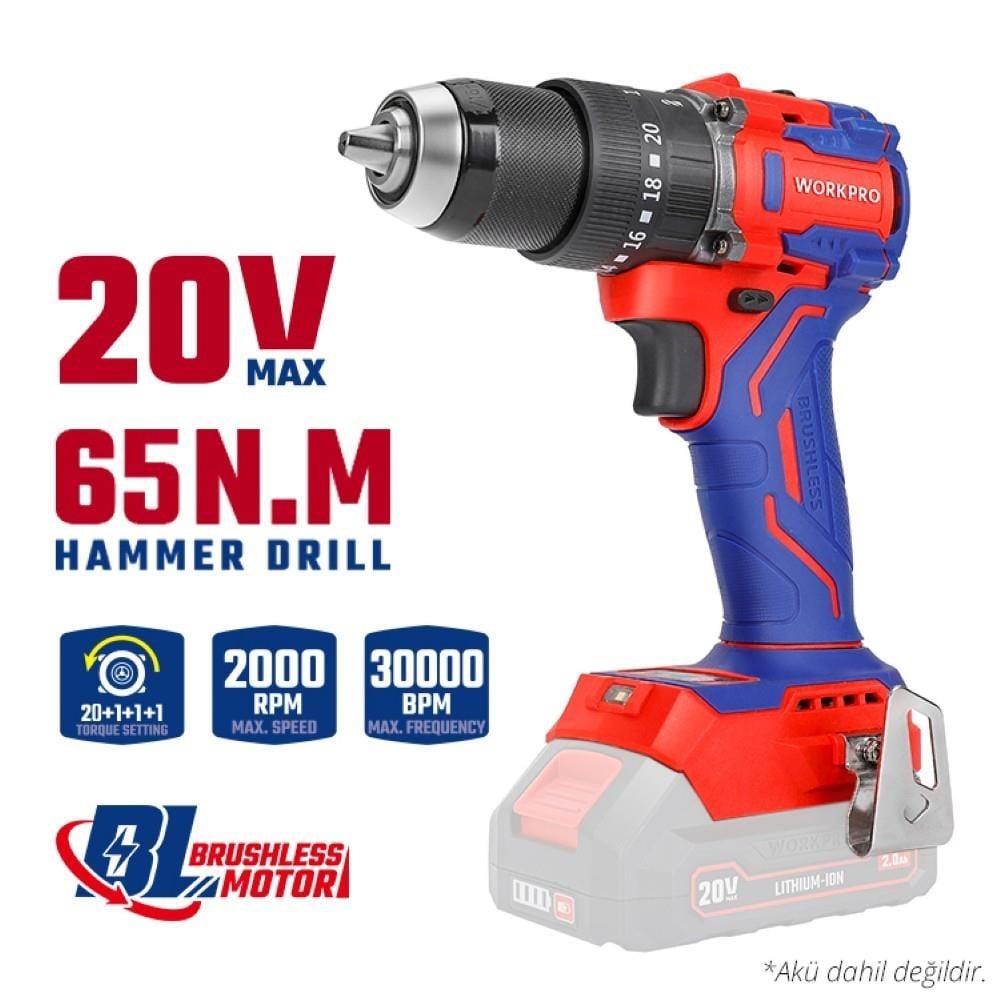 WORKPRO WP390016 20Volt 65Nm. Kömürsüz Profesyonel Şarjlı Darbeli Matkap (Akü Dahil Değildir)WorkproWP390016Matkaplar-LastikTR.com