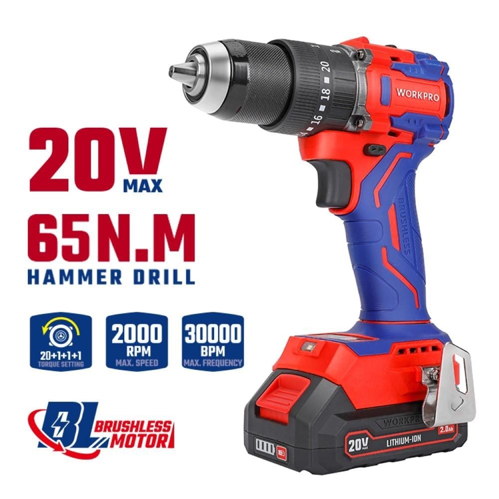 WORKPRO WP390019 20Volt 2.0Ah Li-ion 65Nm. Çift Akülü Kömürsüz Profesyonel Şarjlı Darbeli MatkapWorkproWP390019Matkaplar-LastikTR.com