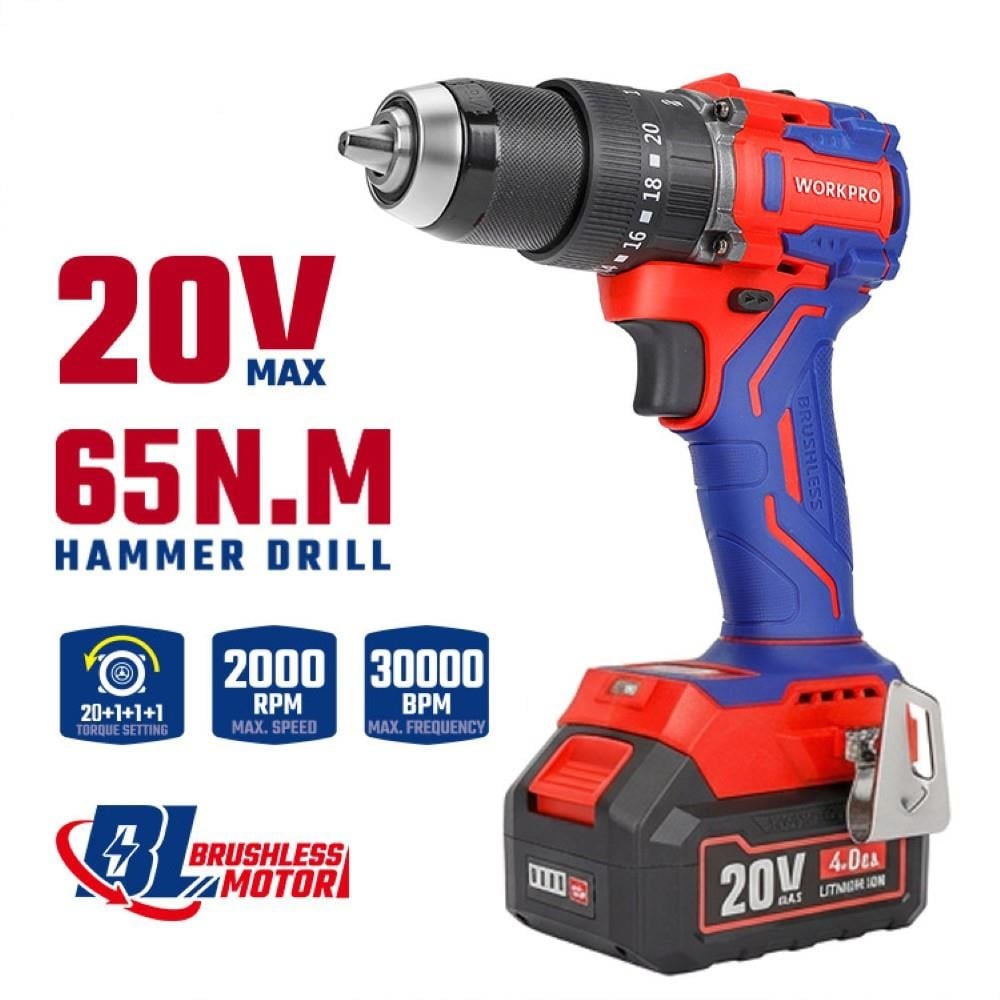 WORKPRO WP390020 20Volt 4.0Ah Li-ion 65Nm. Çift Akülü Kömürsüz Profesyonel Şarjlı Darbeli MatkapWorkproWP390020Matkaplar-LastikTR.com