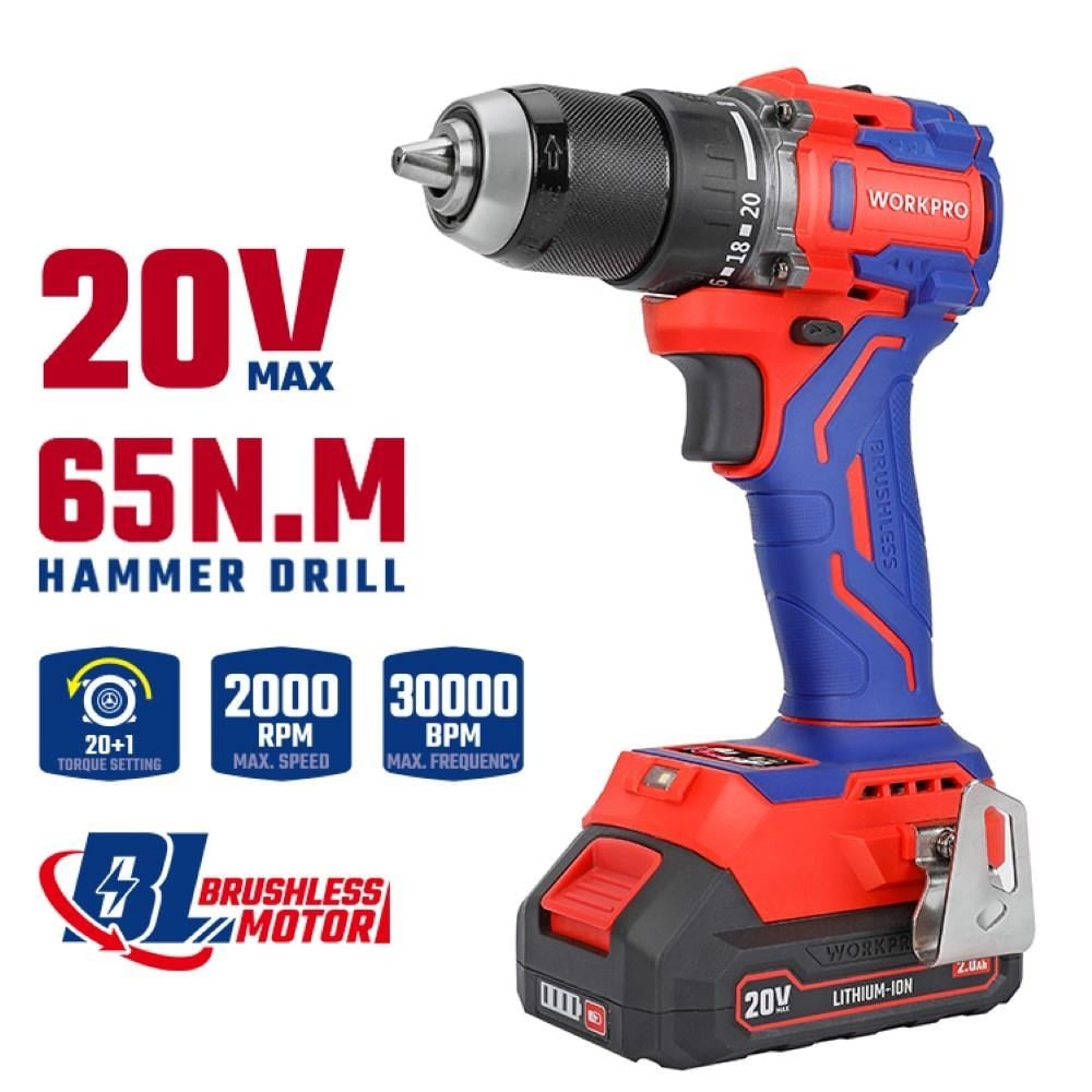 WORKPRO WP390022 20Volt 2.0Ah Li-ion 65Nm. Çift Akülü Kömürsüz Profesyonel Şarjlı MatkapWorkproWP390022Matkaplar-LastikTR.com