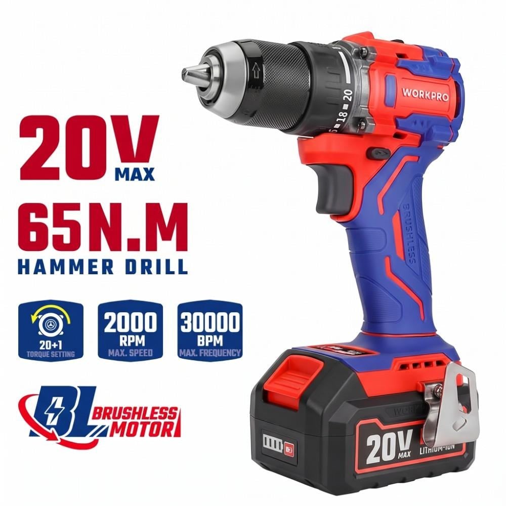 WORKPRO WP390023 20Volt 4.0Ah Li-ion 65Nm. Çift Akülü Kömürsüz Profesyonel Şarjlı MatkapWorkproWP390023Matkaplar-LastikTR.com