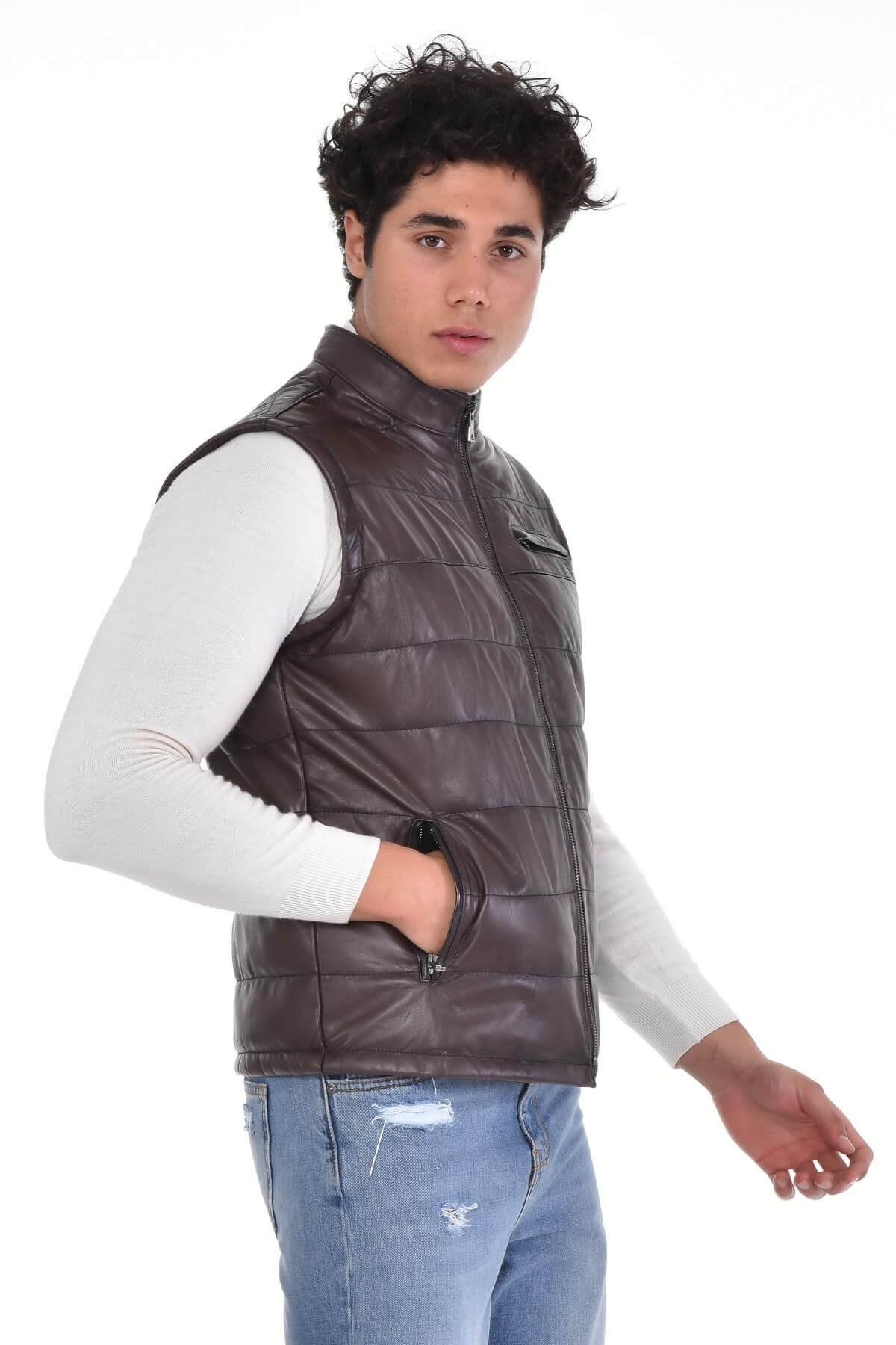 Chris Kahve Erkek %100 Orijinal Deri Yelek