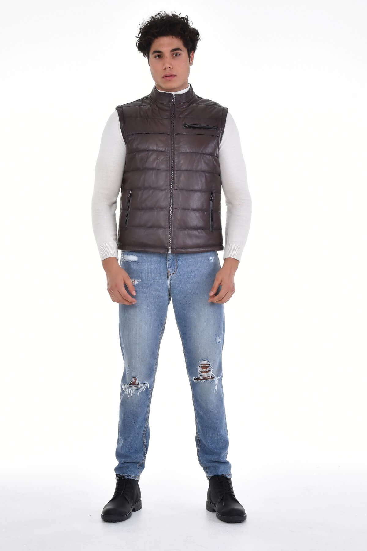 Chris Kahve Erkek %100 Orijinal Deri Yelek