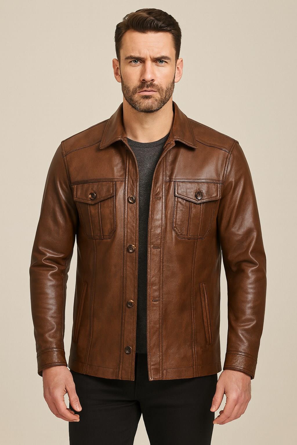 Deri Kahverengi Erkek Deri Mont Cepli Klasik Deri Ceket