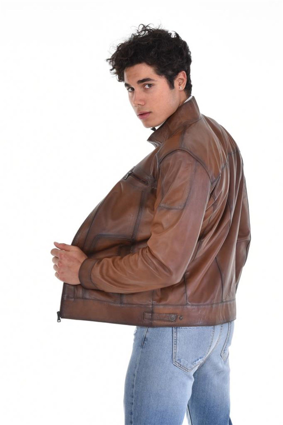 Ekitme Kahverengi Hakim Yaka Dört Cepli Hakiki Erkek Deri Mont, Hakiki Kuzu Deri Ceket