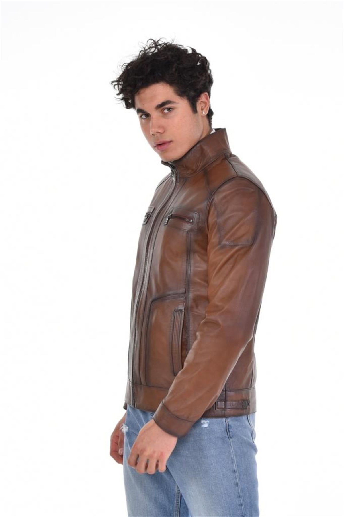 Ekitme Kahverengi Hakim Yaka Dört Cepli Hakiki Erkek Deri Mont, Hakiki Kuzu Deri Ceket