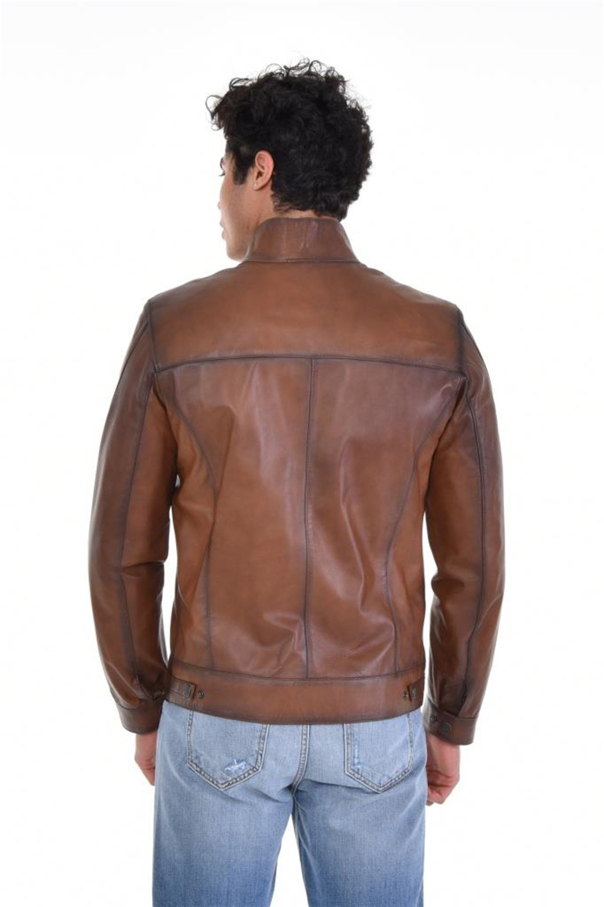 Ekitme Kahverengi Hakim Yaka Dört Cepli Hakiki Erkek Deri Mont, Hakiki Kuzu Deri Ceket