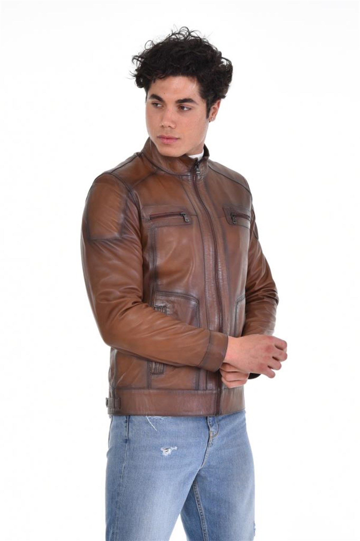 Ekitme Kahverengi Hakim Yaka Dört Cepli Hakiki Erkek Deri Mont, Hakiki Kuzu Deri Ceket