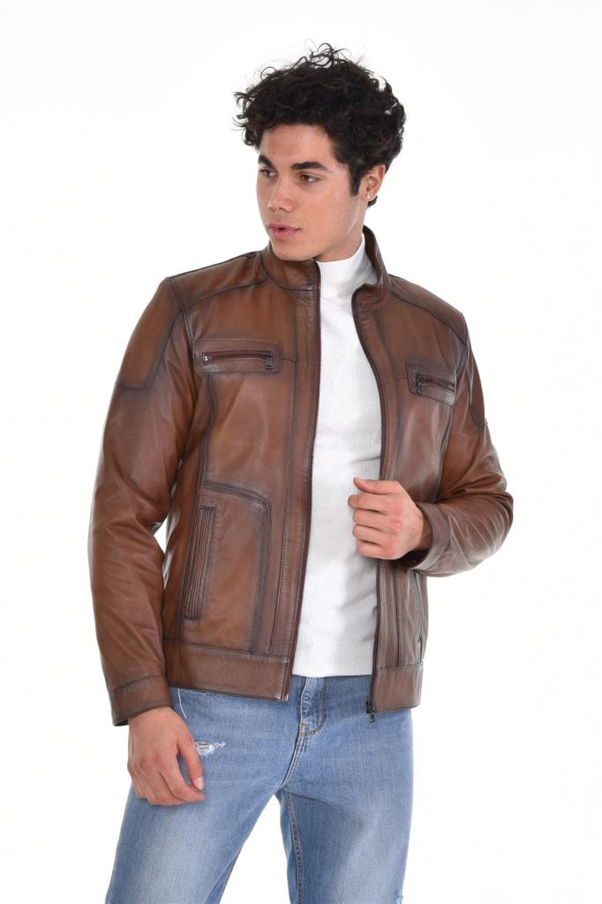 Ekitme Kahverengi Hakim Yaka Dört Cepli Hakiki Erkek Deri Mont, Hakiki Kuzu Deri Ceket