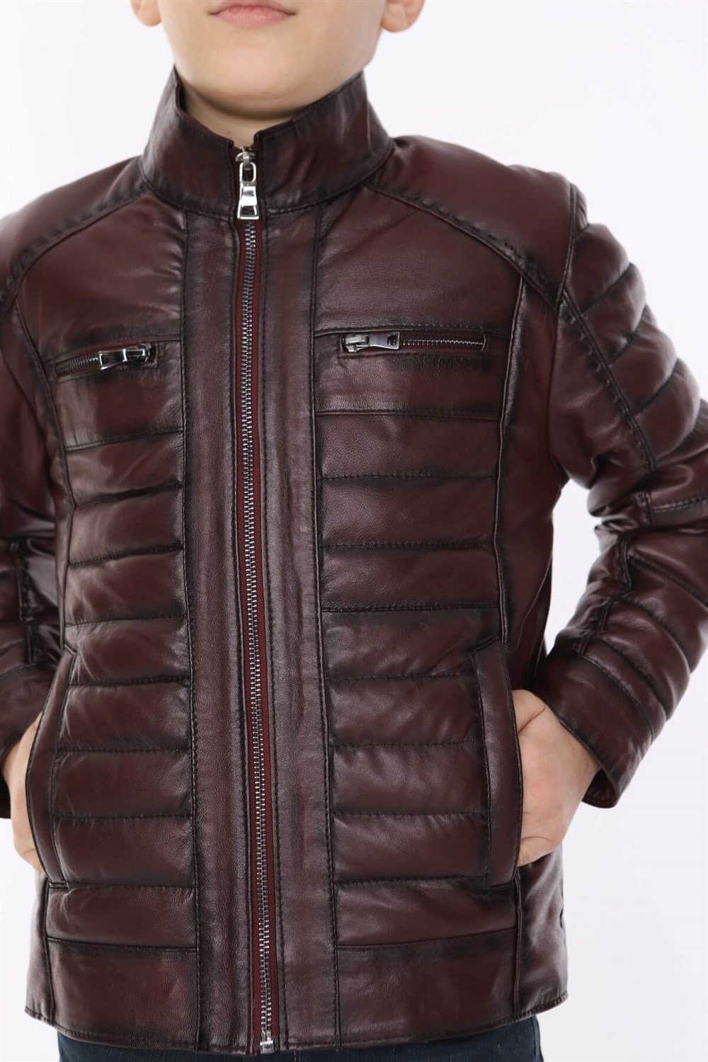 Erkek Çocuk Deri Mont Bordo Griss