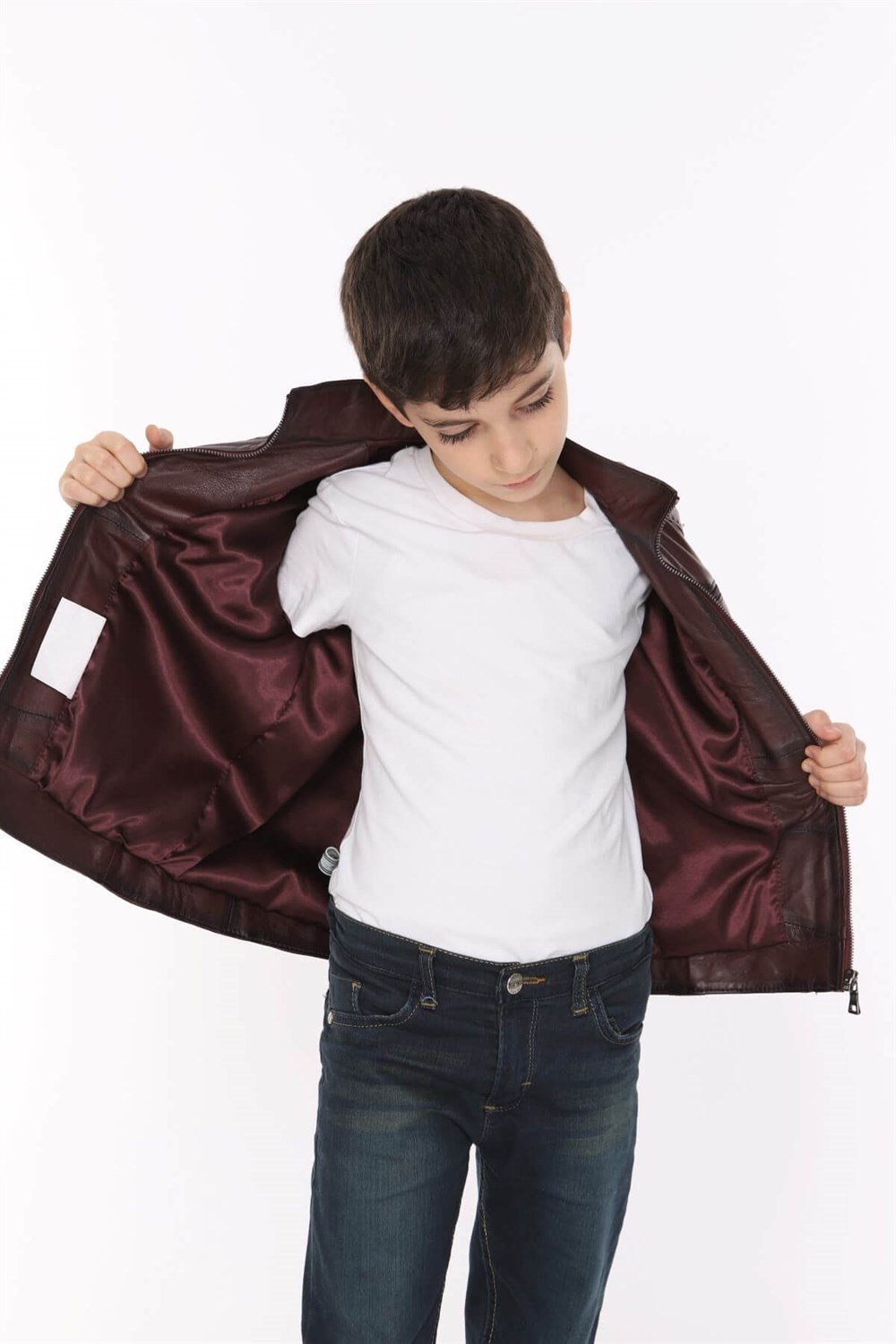 Erkek Çocuk Deri Mont Bordo Griss
