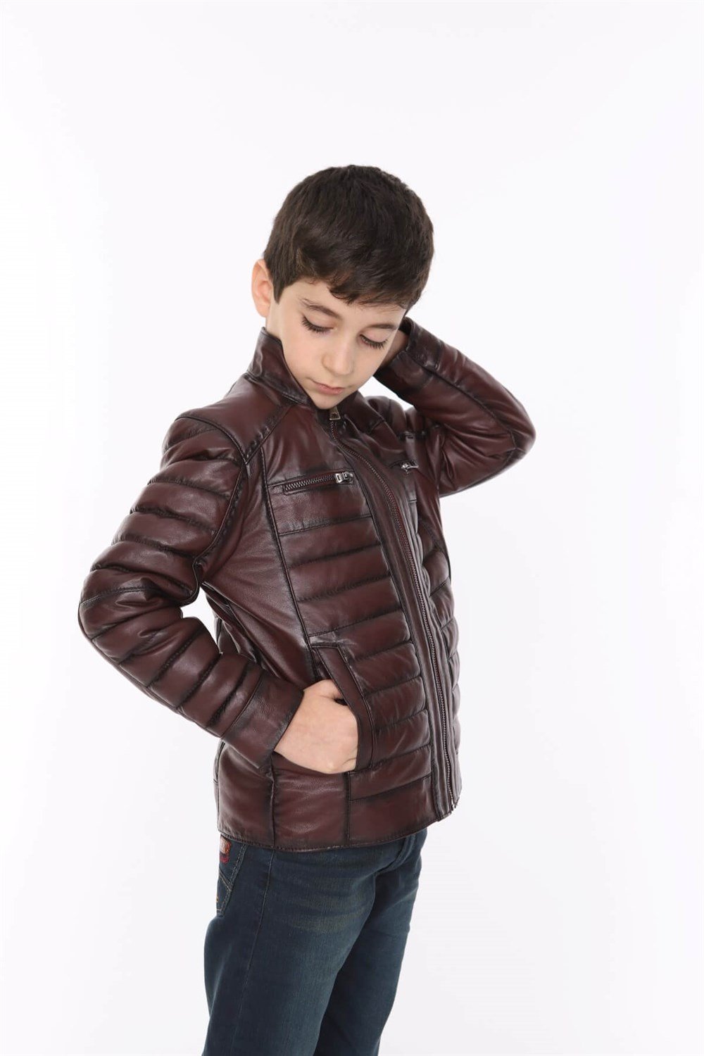 Erkek Çocuk Deri Mont Bordo Griss