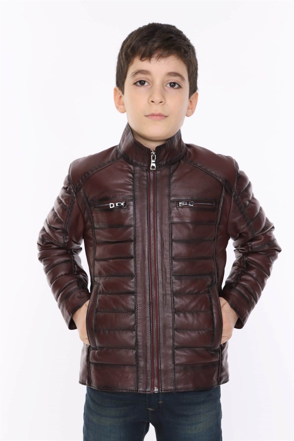 Erkek Çocuk Deri Mont Bordo Griss