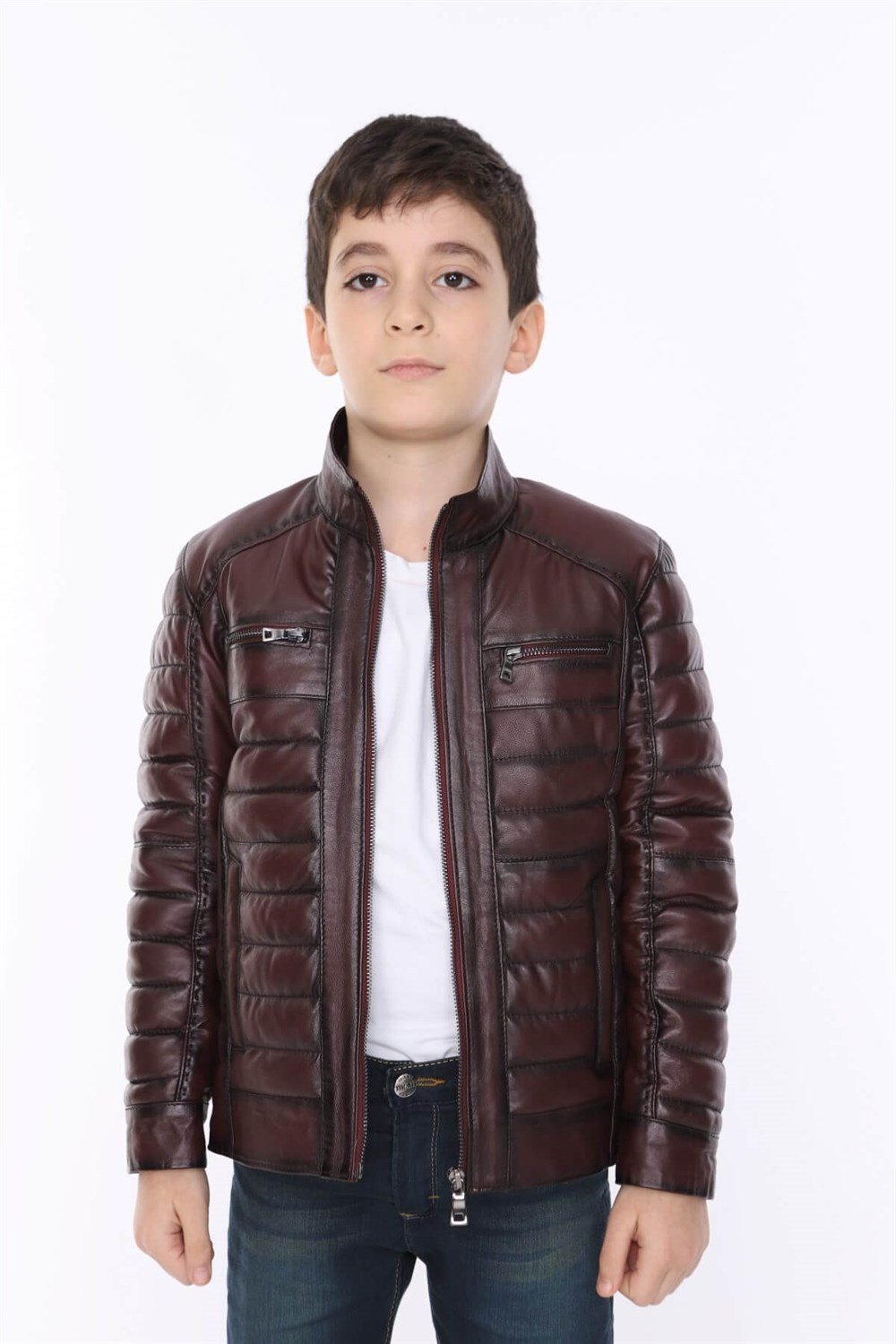 Erkek Çocuk Deri Mont Bordo Griss