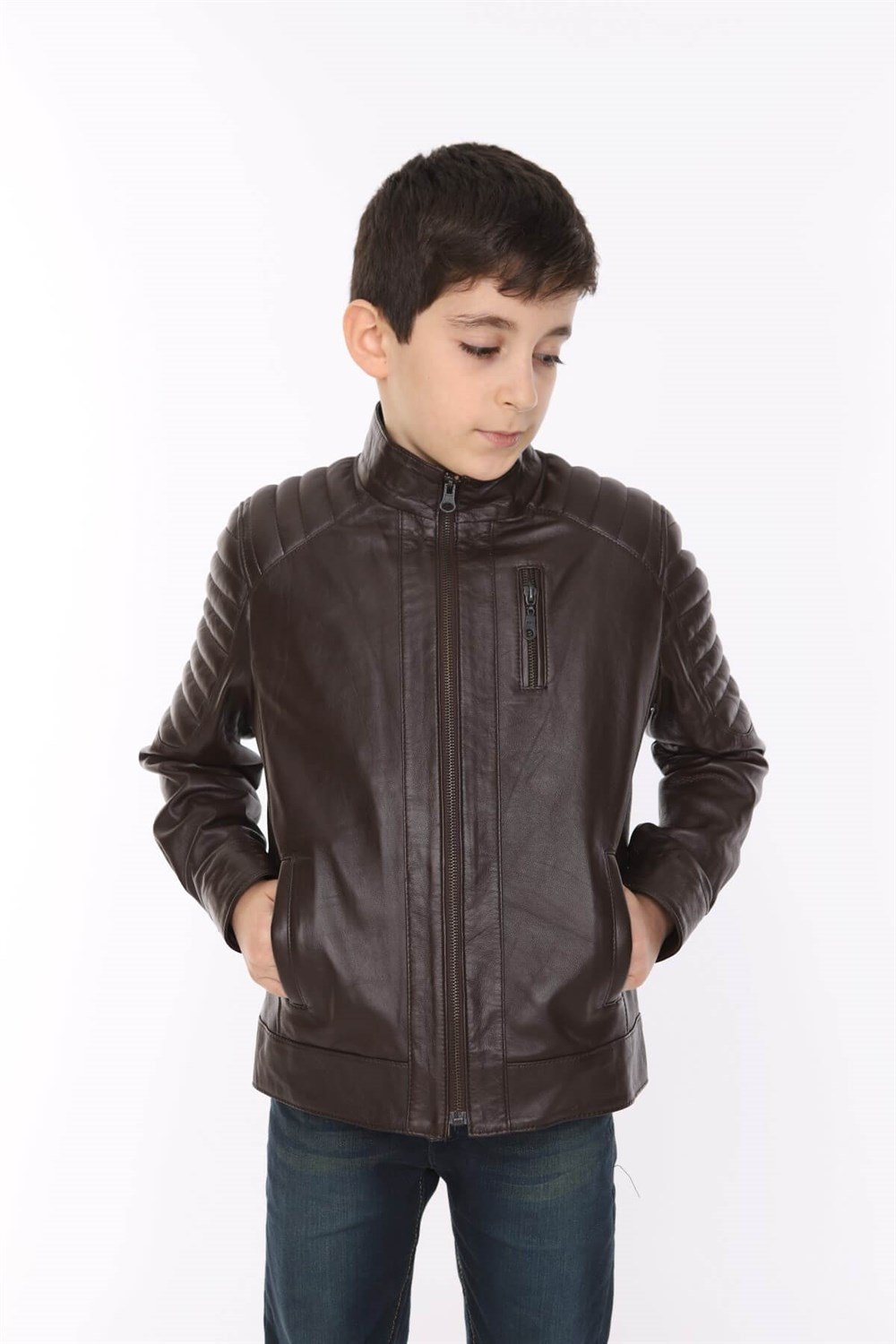 Erkek Çocuk Deri Mont Kahverengi Blason