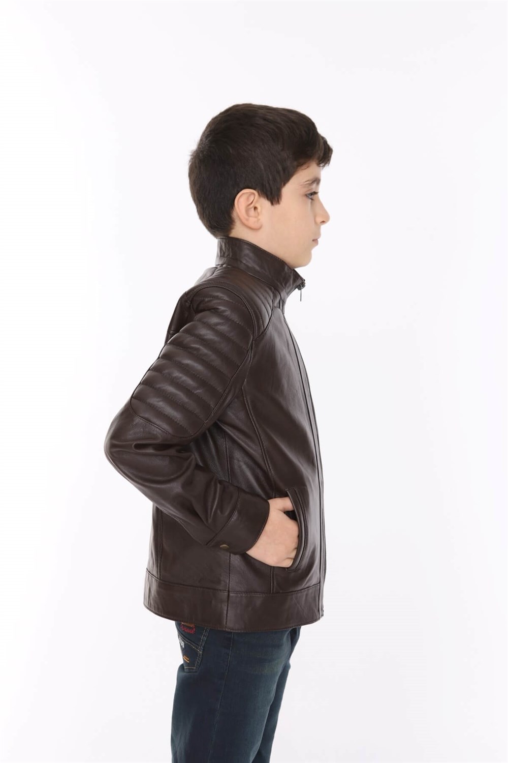 Erkek Çocuk Deri Mont Kahverengi Blason
