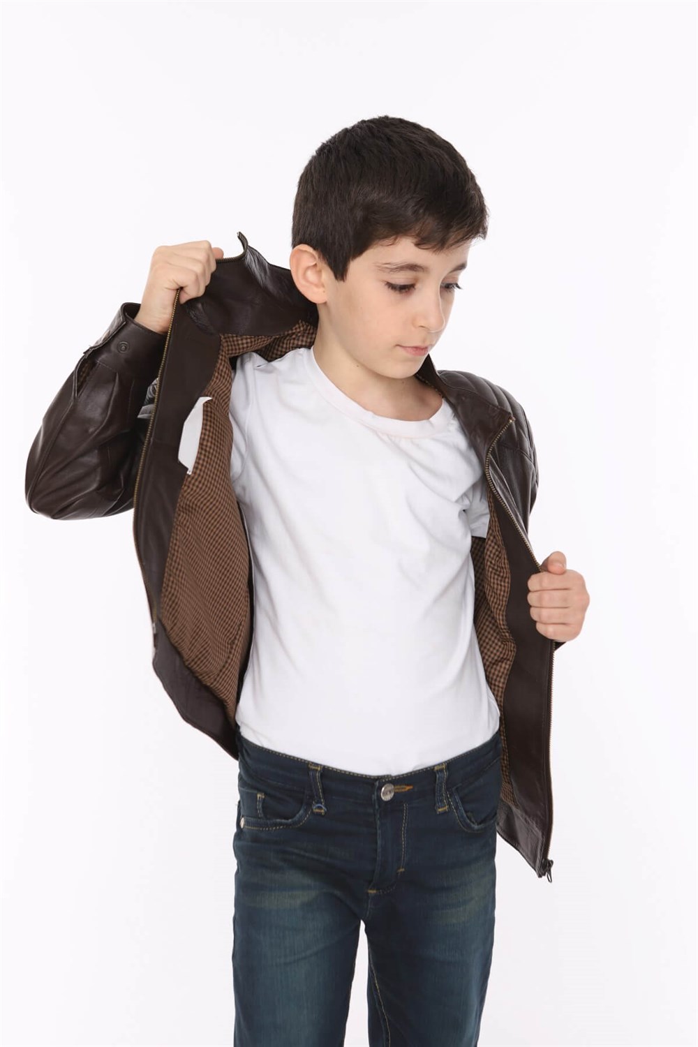 Erkek Çocuk Deri Mont Kahverengi Blason