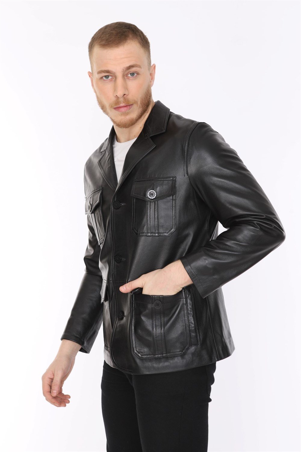 Erkek Deri Ceket Siyah Blazer Cepli
