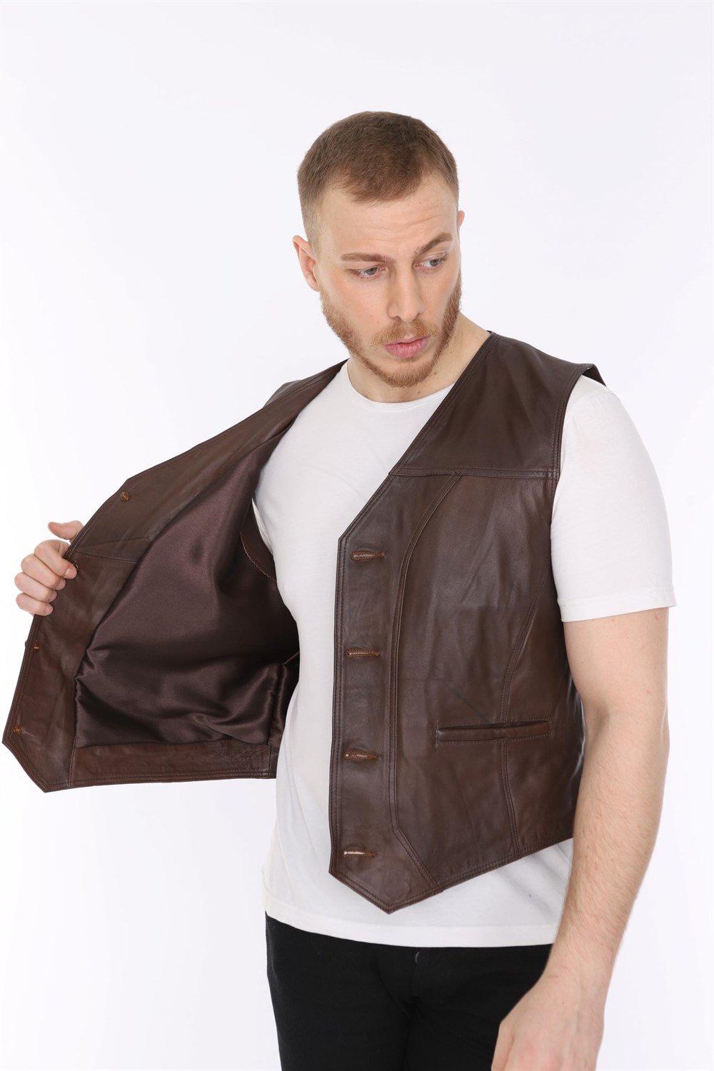 Erkek Deri Yelek Casual Kahverengi Classic