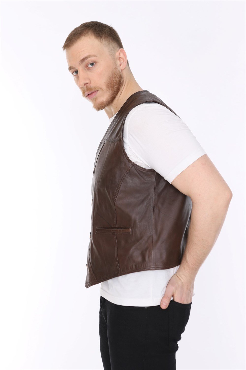 Erkek Deri Yelek Casual Kahverengi Classic