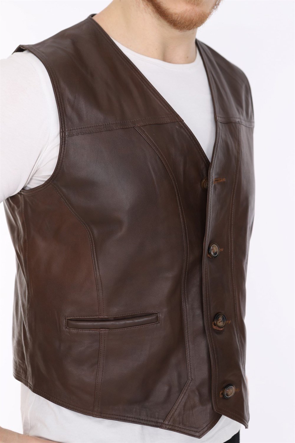 Erkek Deri Yelek Casual Kahverengi Classic