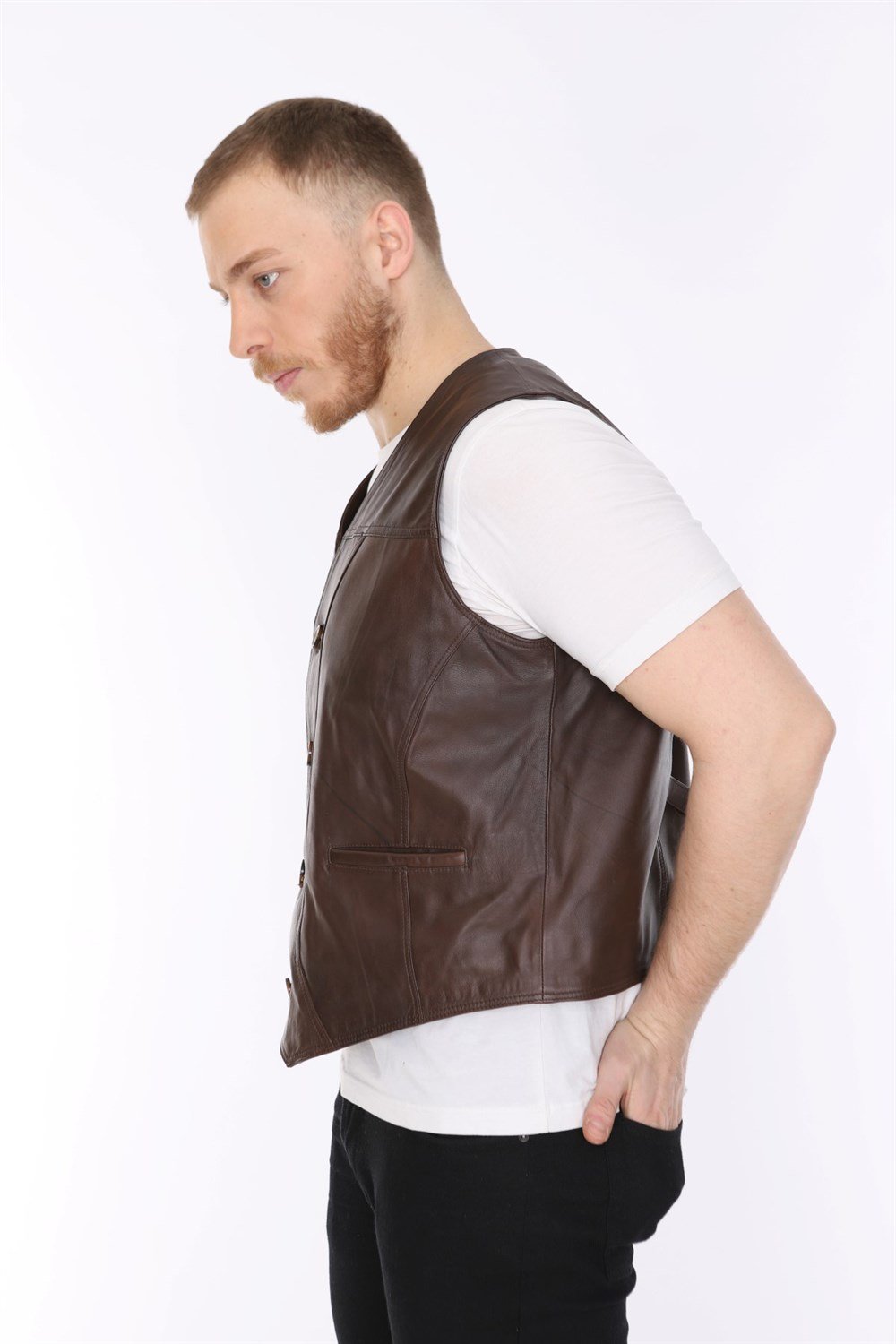 Erkek Deri Yelek Casual Kahverengi Classic