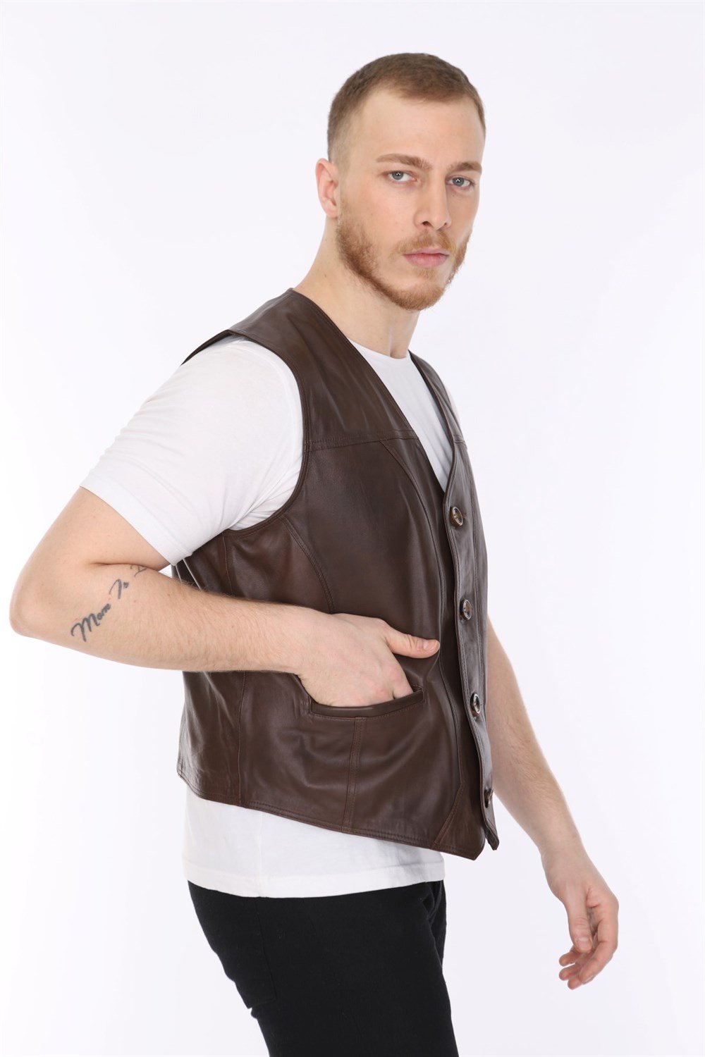 Erkek Deri Yelek Casual Kahverengi Classic