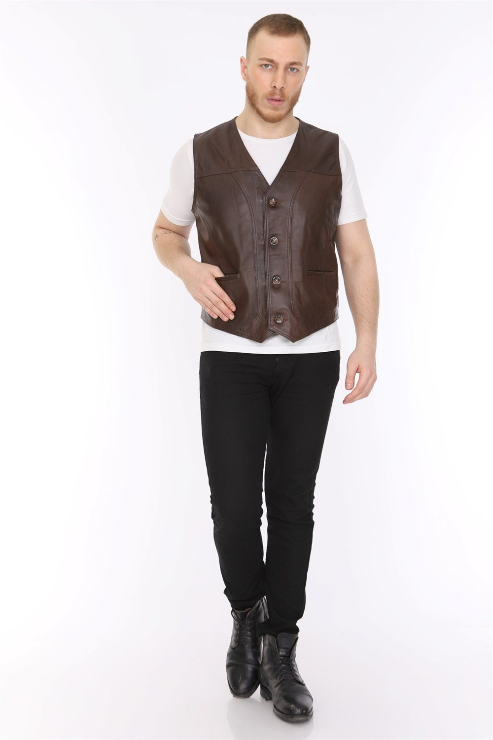 Erkek Deri Yelek Casual Kahverengi Classic
