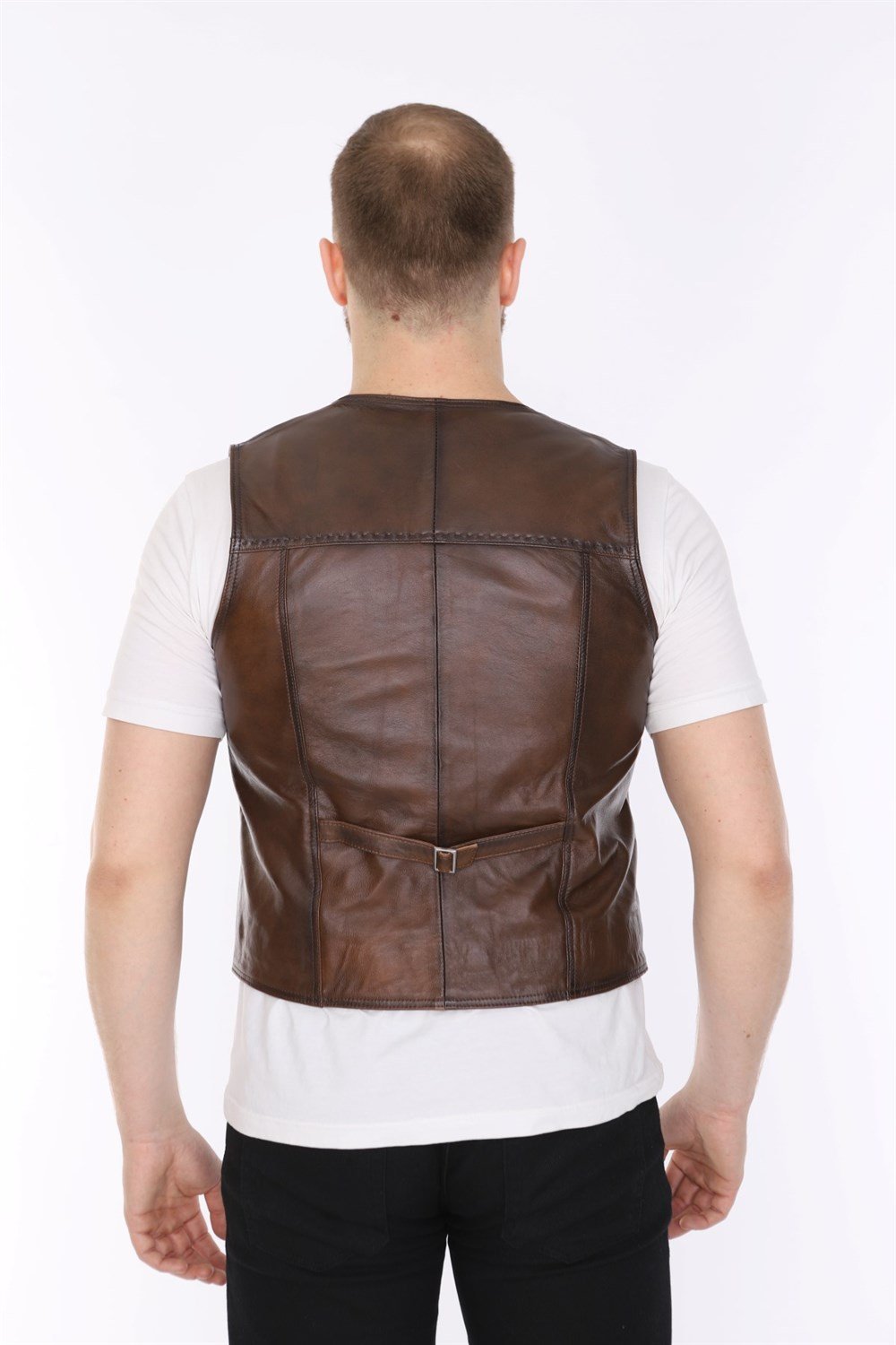 Erkek Deri Yelek Casual Kahverengi Puntolu