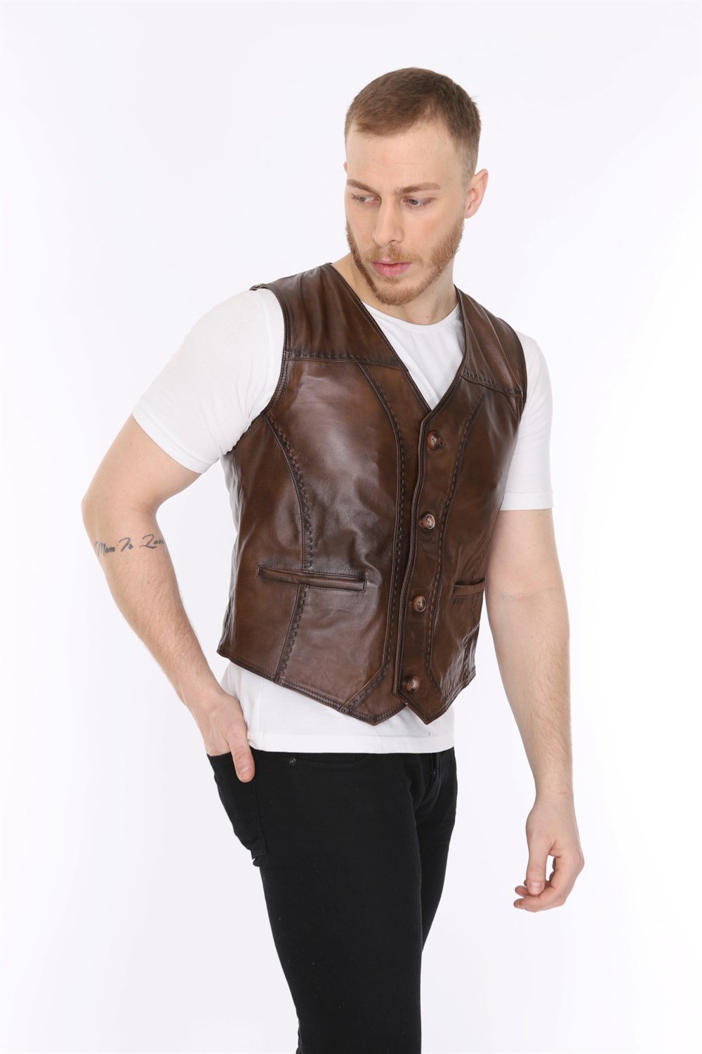 Erkek Deri Yelek Casual Kahverengi Puntolu