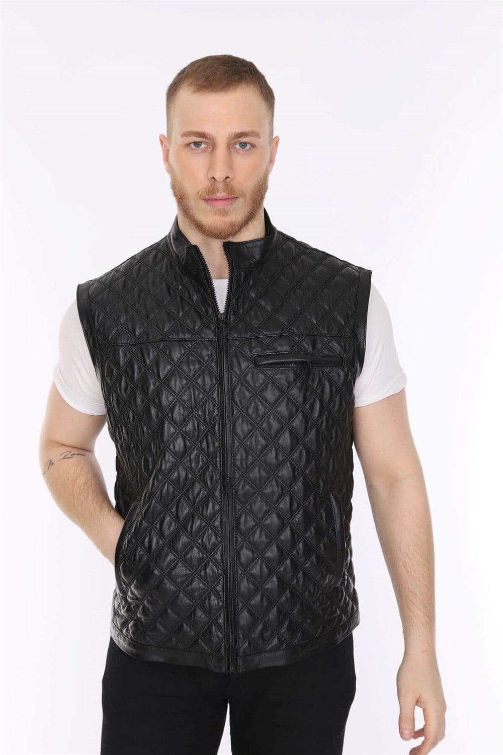 Erkek Deri Yelek İşlemeli Keops