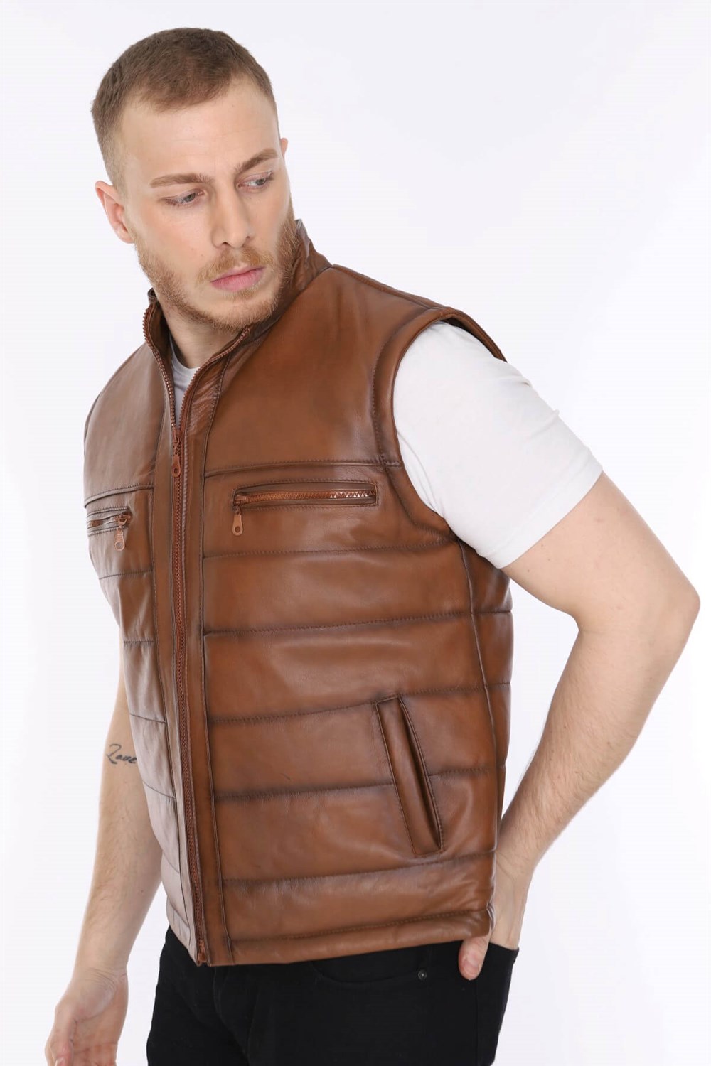 Erkek Deri Yelek Taba Rengi Derby