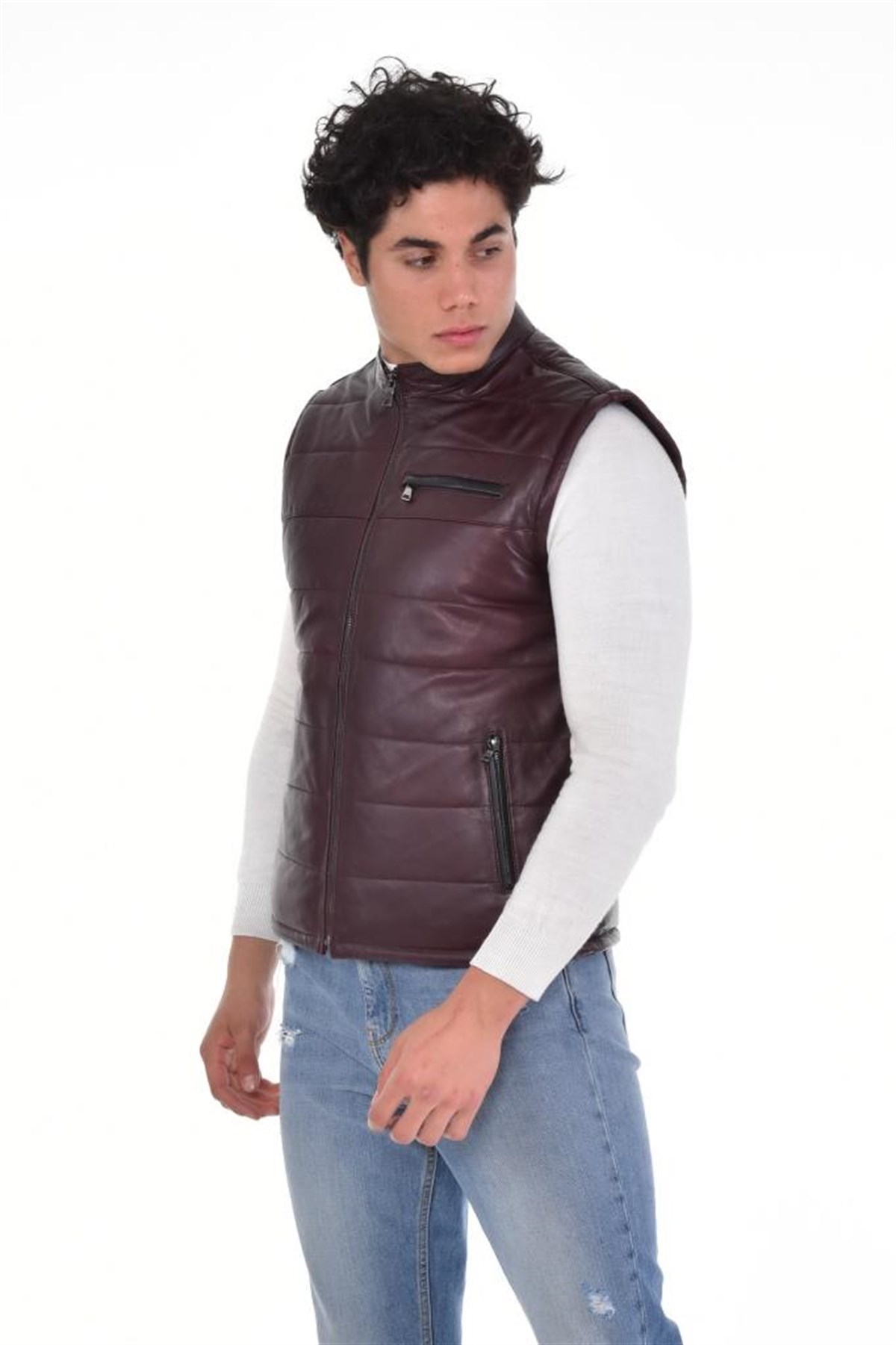 Eskitme Kahverengi Hakimyaka Yelek Üç Cepli Hakiki Erkek Deri Mont, Hakiki Kuzu Deri Ceket