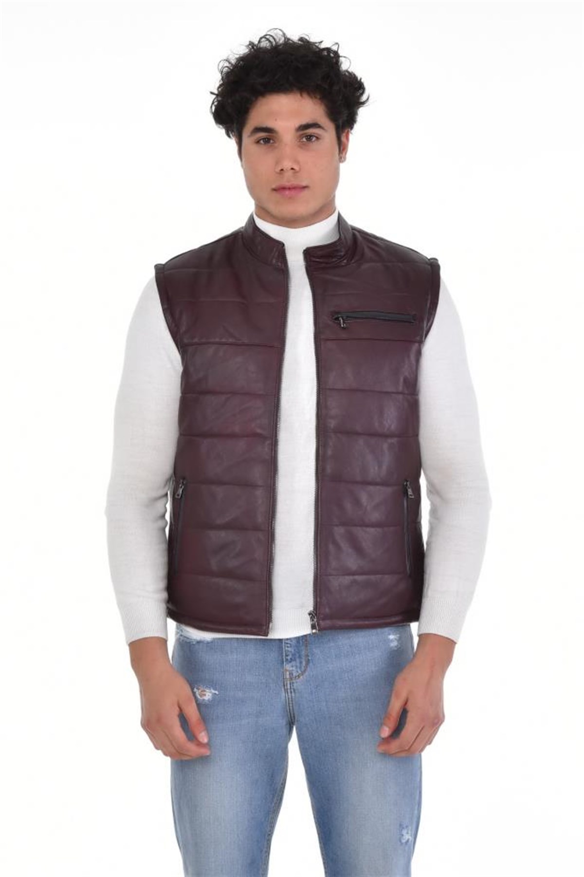 Eskitme Kahverengi Hakimyaka Yelek Üç Cepli Hakiki Erkek Deri Mont, Hakiki Kuzu Deri Ceket