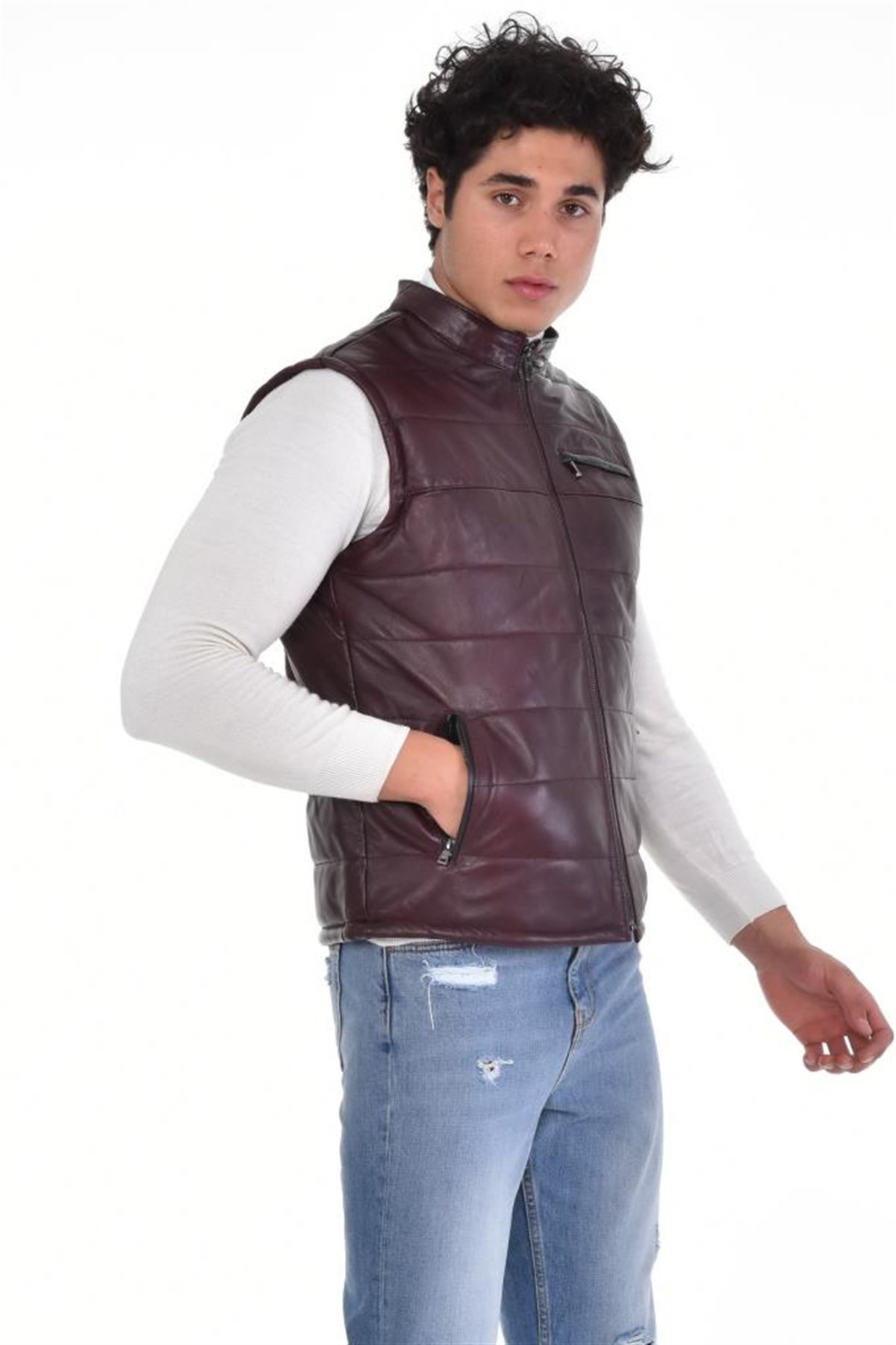 Eskitme Kahverengi Hakimyaka Yelek Üç Cepli Hakiki Erkek Deri Mont, Hakiki Kuzu Deri Ceket