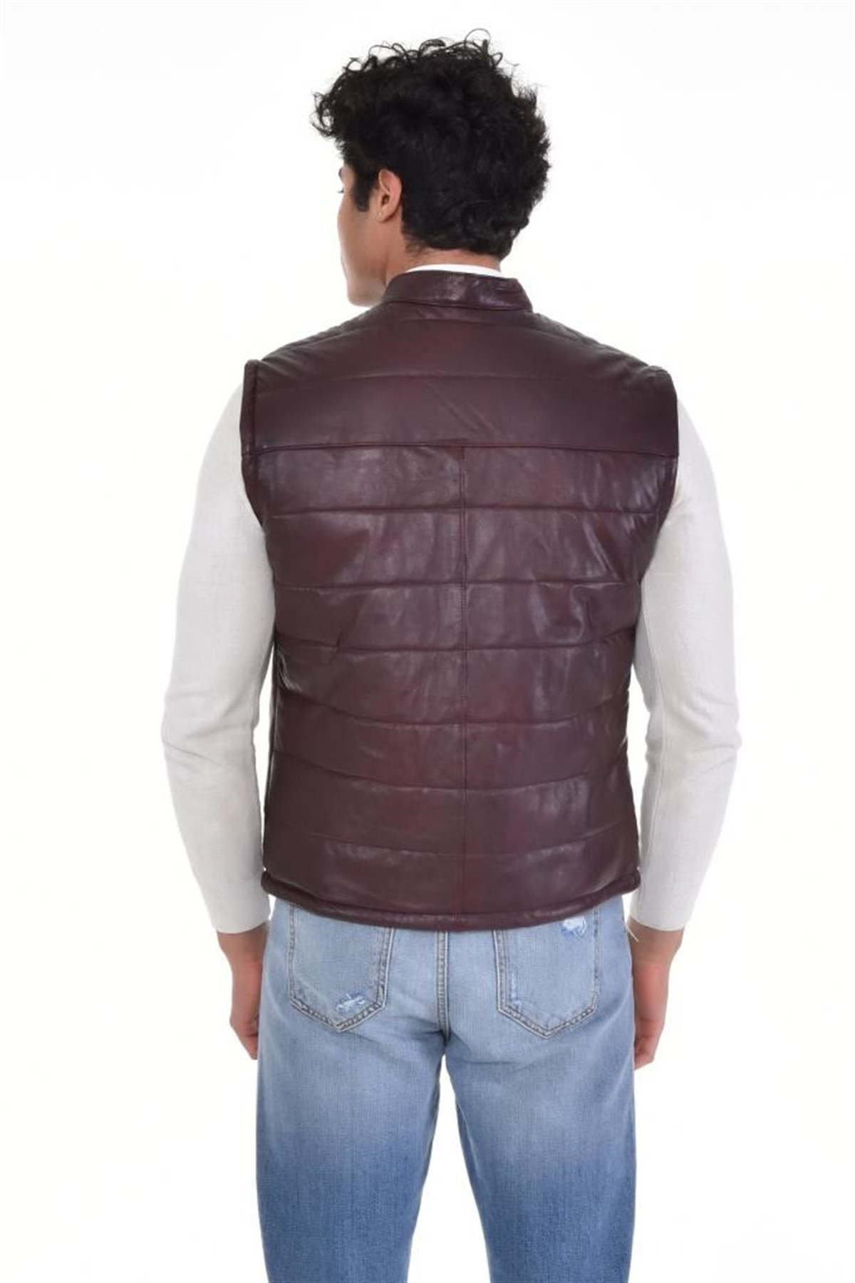 Eskitme Kahverengi Hakimyaka Yelek Üç Cepli Hakiki Erkek Deri Mont, Hakiki Kuzu Deri Ceket