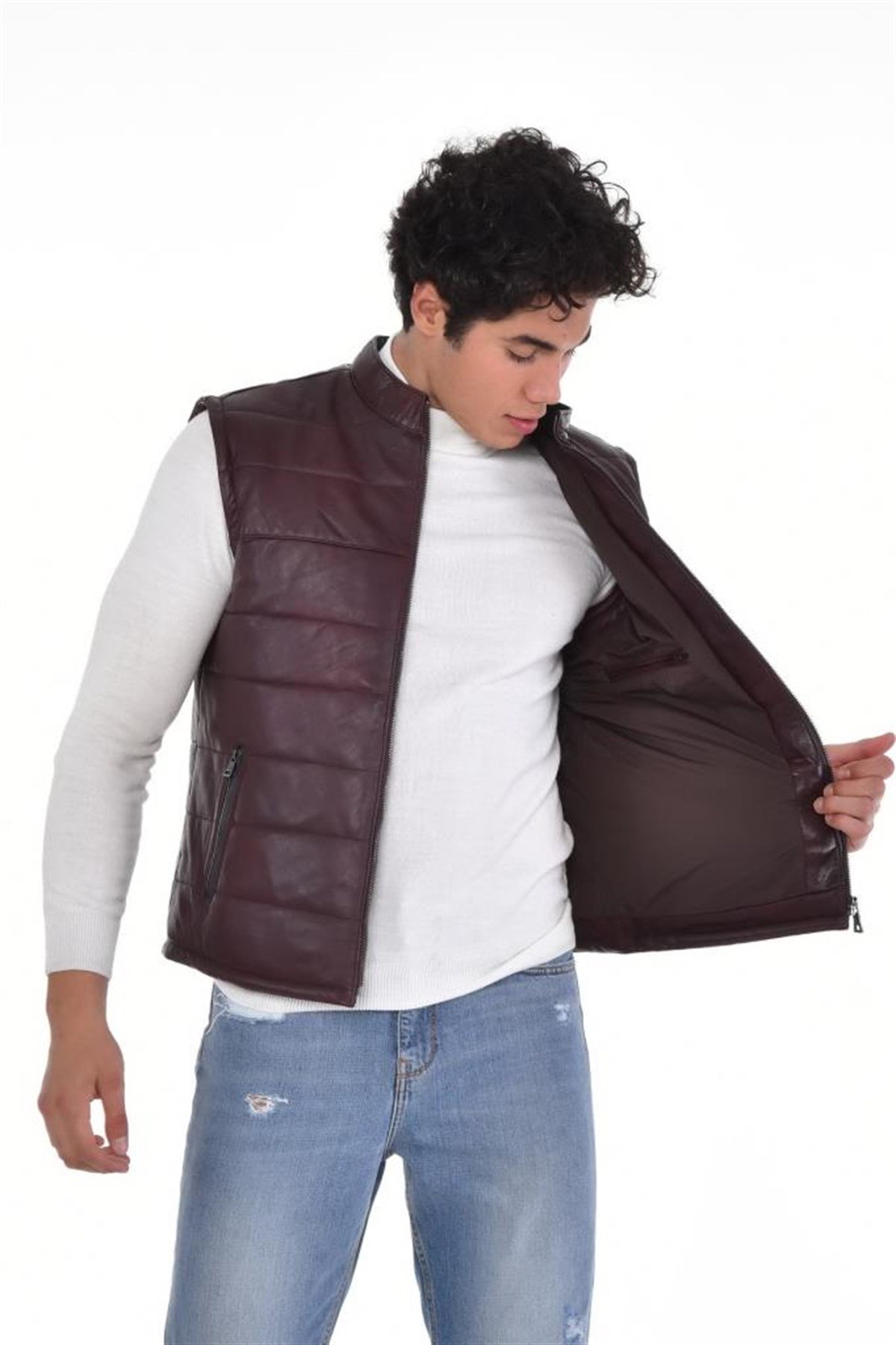 Eskitme Kahverengi Hakimyaka Yelek Üç Cepli Hakiki Erkek Deri Mont, Hakiki Kuzu Deri Ceket