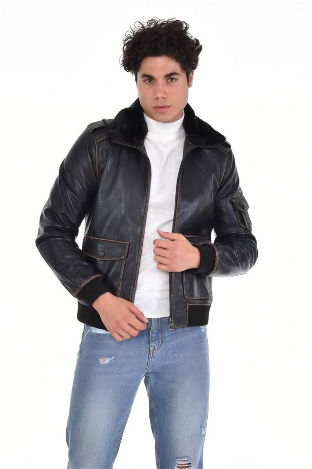 Eskitme Siyah Manşet Kollu Kürk Yakalı Hakiki Erkek Deri Mont, Hakiki Kuzu Deri Ceket