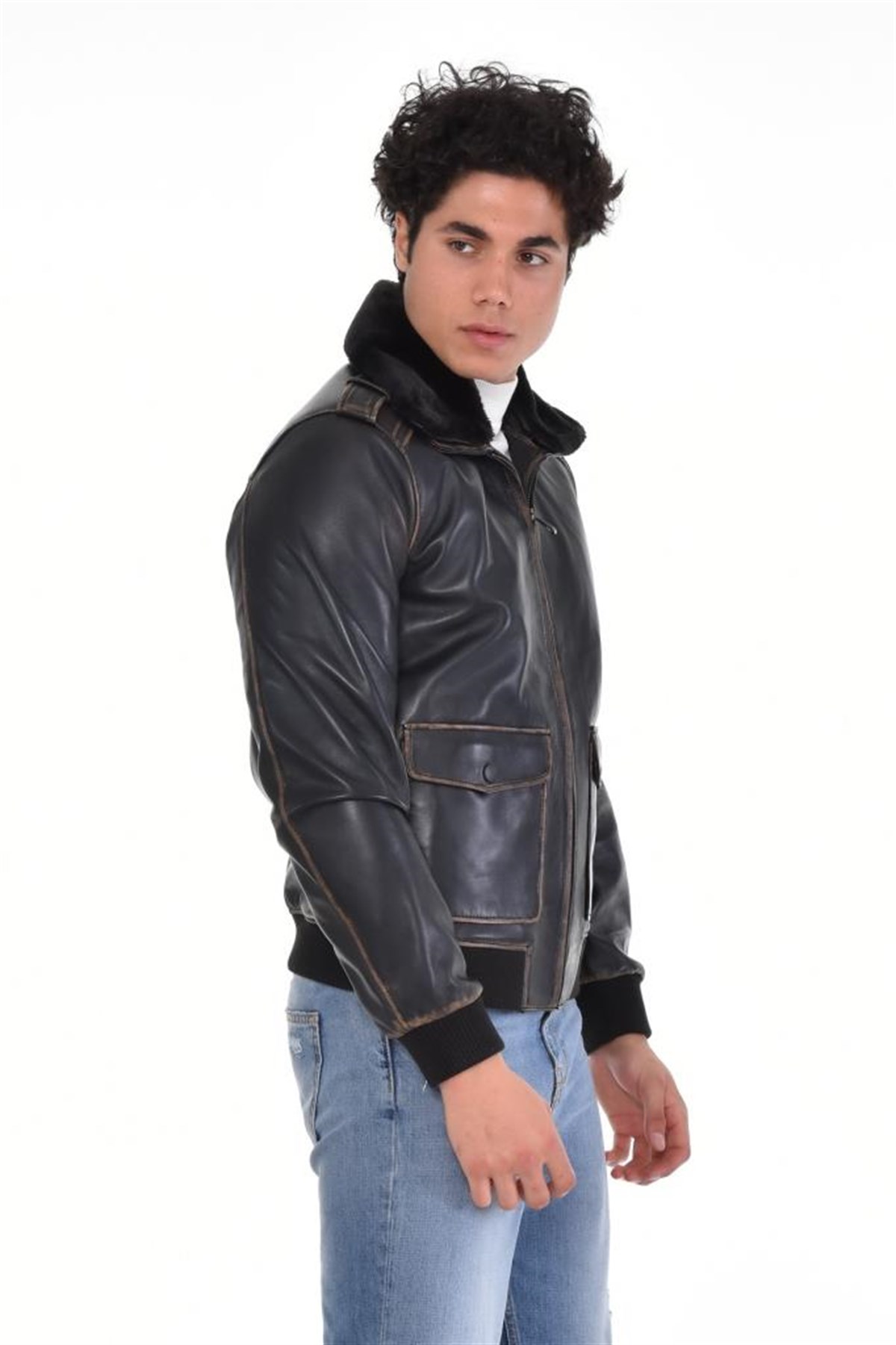 Eskitme Siyah Manşet Kollu Kürk Yakalı Hakiki Erkek Deri Mont, Hakiki Kuzu Deri Ceket